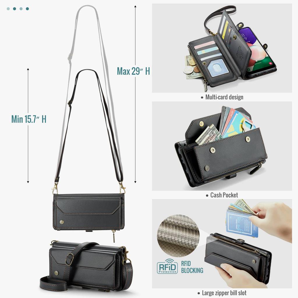 Crossbody for Samsung Galaxy A22 5G Case Wallet RFID Blocking with 10-Card Holder Zipper Bills Slot, Soft PU Leather Magnetic Shoulder Wrist Strap
