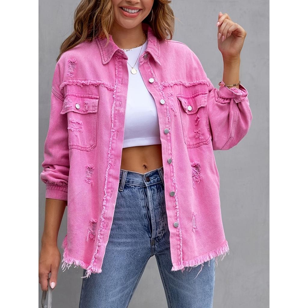 Women's Point Collar Long Sleeve Distressed Denim Jacket Loose Fit Raw Fringe Button Down Shirt