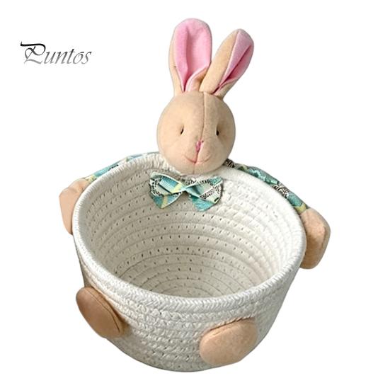 Gentle Color Storage Basket Desktop Basket, Cartoon Plush Bear And Rabbit Rope Decorative Plaid Bow Organizer Shape, Woven for Small Items Jewelry