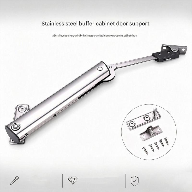 Steel Cabinet Lift Support with Articulated Arm, Adjustable Support Pressure, and Mounting Hardware for a Raised Cabinet Door and Storage Cover