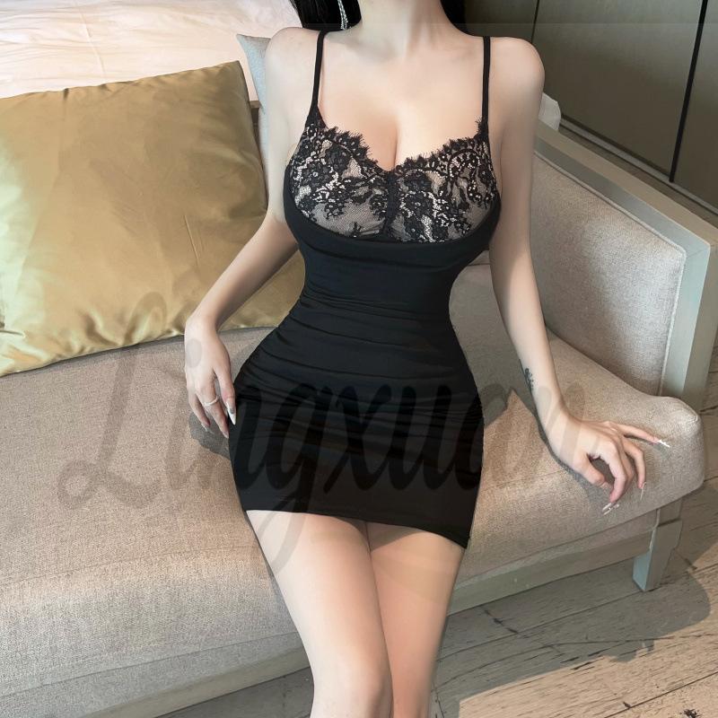 

Chic Summer Lace-Spliced Pleated Camisole Dress - Waist-Cinching, Hip-Hugging Design for Women Medium чёрный
