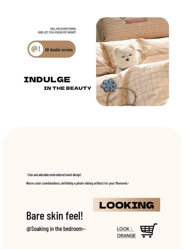 Cute Four-Piece Embroidered Cotton Bedding Set - Skin-Friendly, Breathable, Universal for All Seasons, Perfect for Dorms and Homes