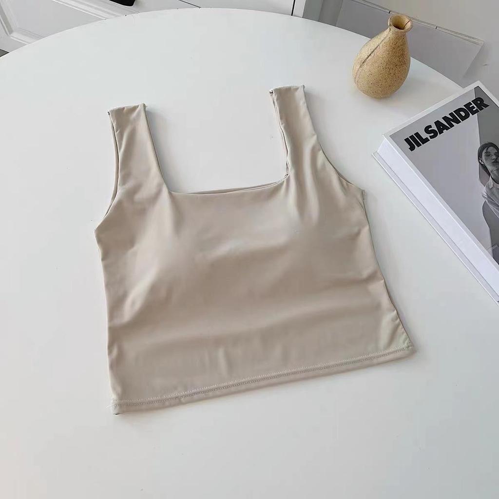 Women's Solid Color Square Collar Sports Vest with Wide Straps and Chest Pad