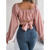 QICED Spring Summer Casual Lantern-sleeved, Lace-up, Waist-cinching Chiffon Blouse, Crop Top for Women