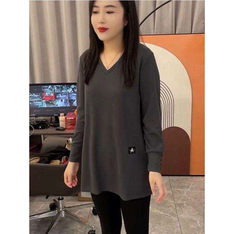 Plus Size Women's Double-Sided Velvet & Fleece Split Sleeve Autumn Winter Slimming Base Layer Top