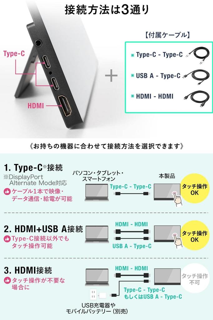 Sanwa Direct Mobile Monitor Inch Touch Panel Compatible with Mac OS HDMI Connection Full HD with Stand 15.6 Type-C 400-LCD006
