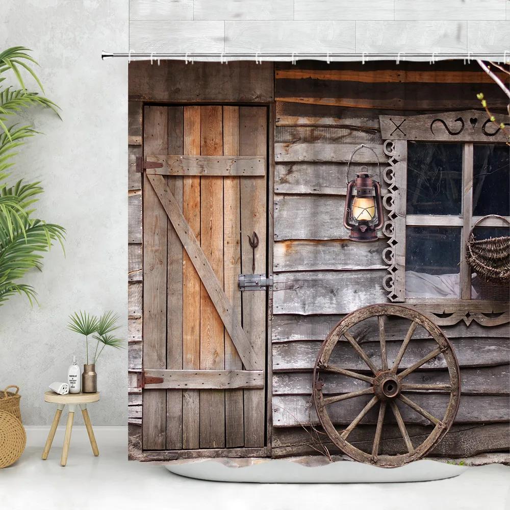 

Vintage Wooden Door Shower Curtain, Farm Barn Door Wheel Horseshoe Pentagram Rustic Plank Home Bathroom Decoration Curtain Set W60H190(CM)-1 Pcs
