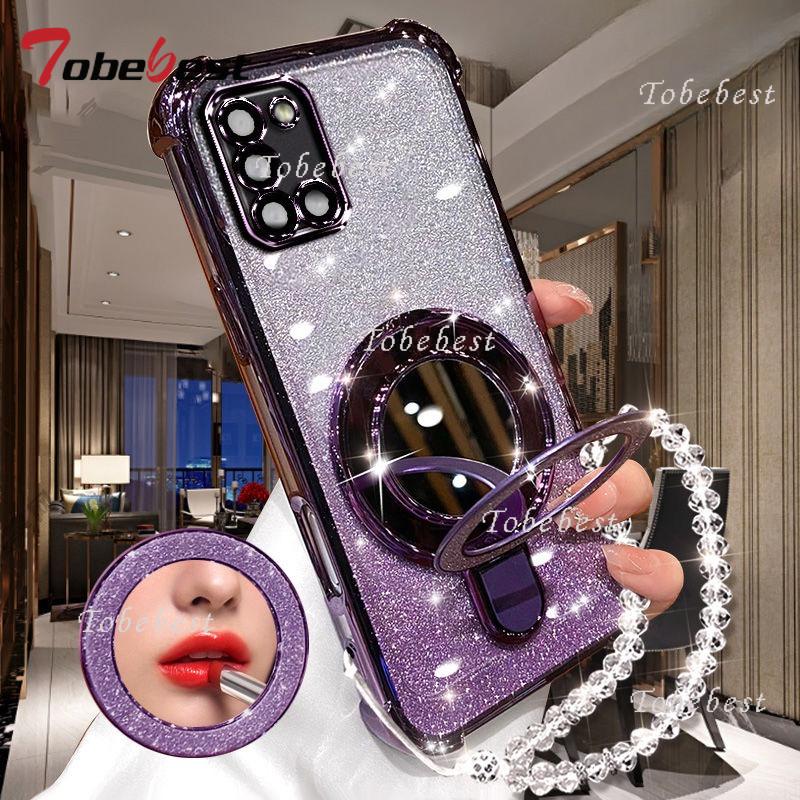For Samsung Galaxy A51 A71 A31 A21S A11 A02S A03S A04E Case Glitter Plating Makeup Mirror Magnetic Phone Holder Bracelet Cover