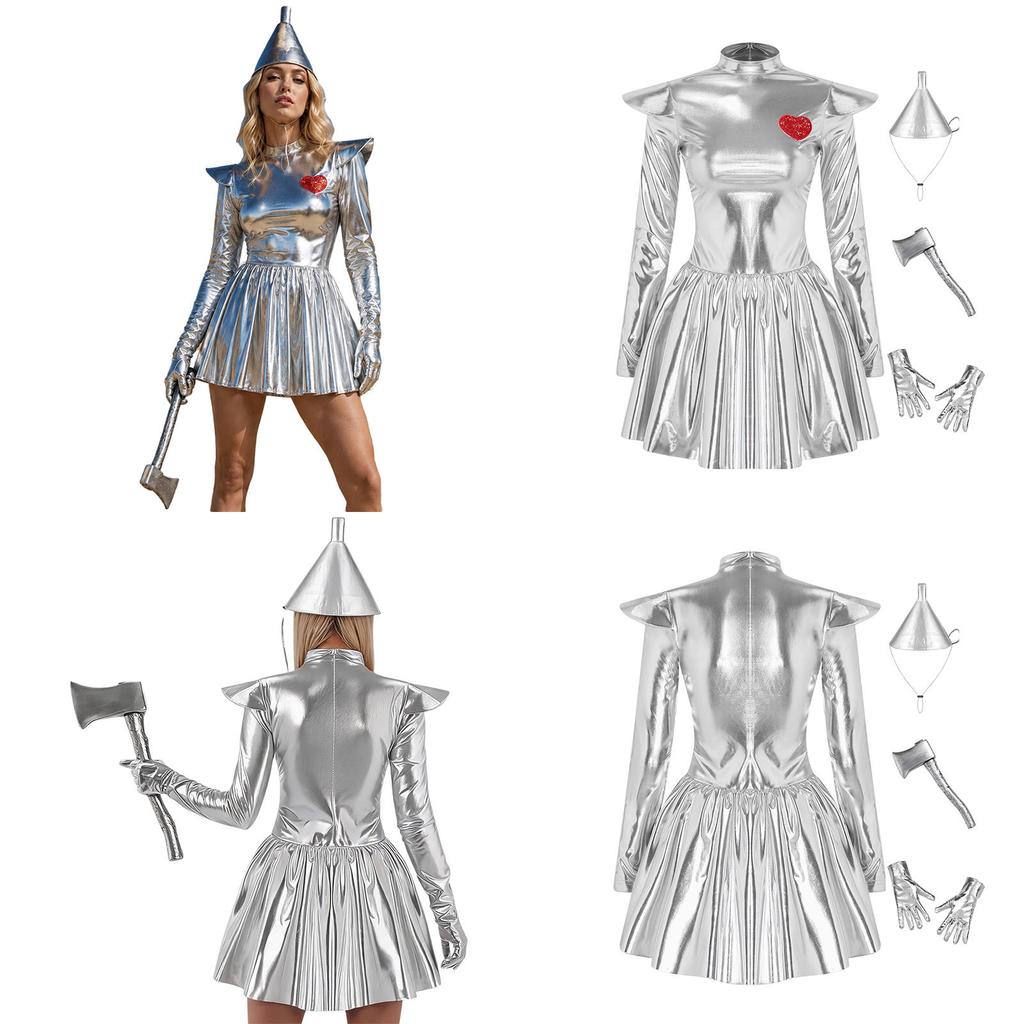 Women Halloween Cosplay Dress Sequin Mock Neck Long Sleeve Shoulder Boards Back Invisible Zip Sequin Hearts Tulle Metallic with Hat Axe Gloves