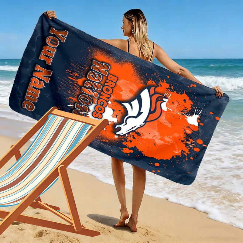 Name Custom Denver Broncos Print Beach Towel, Large Soft Quick Dry Towel for Beach Camping Swimming