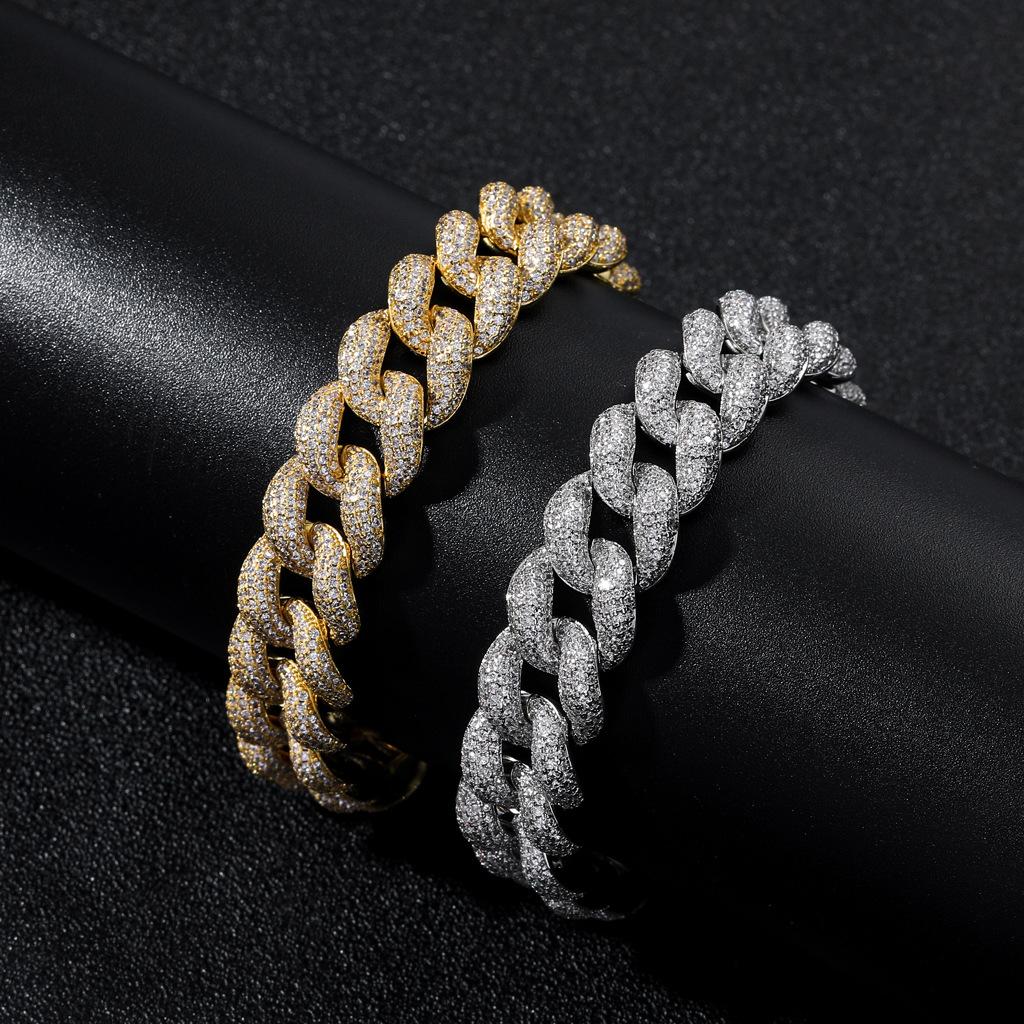 BES 15 mm Fashion Hip Hop Brass Bracelet Cuban Chain with Iced Out Zircon Gold Plated Jewelry for Anniversary Party Trendy Style