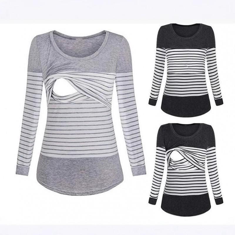 Womens Postpartum Nursing Top Striped Loose Long Sleeve T-Shirt Maternity Breastfeeding