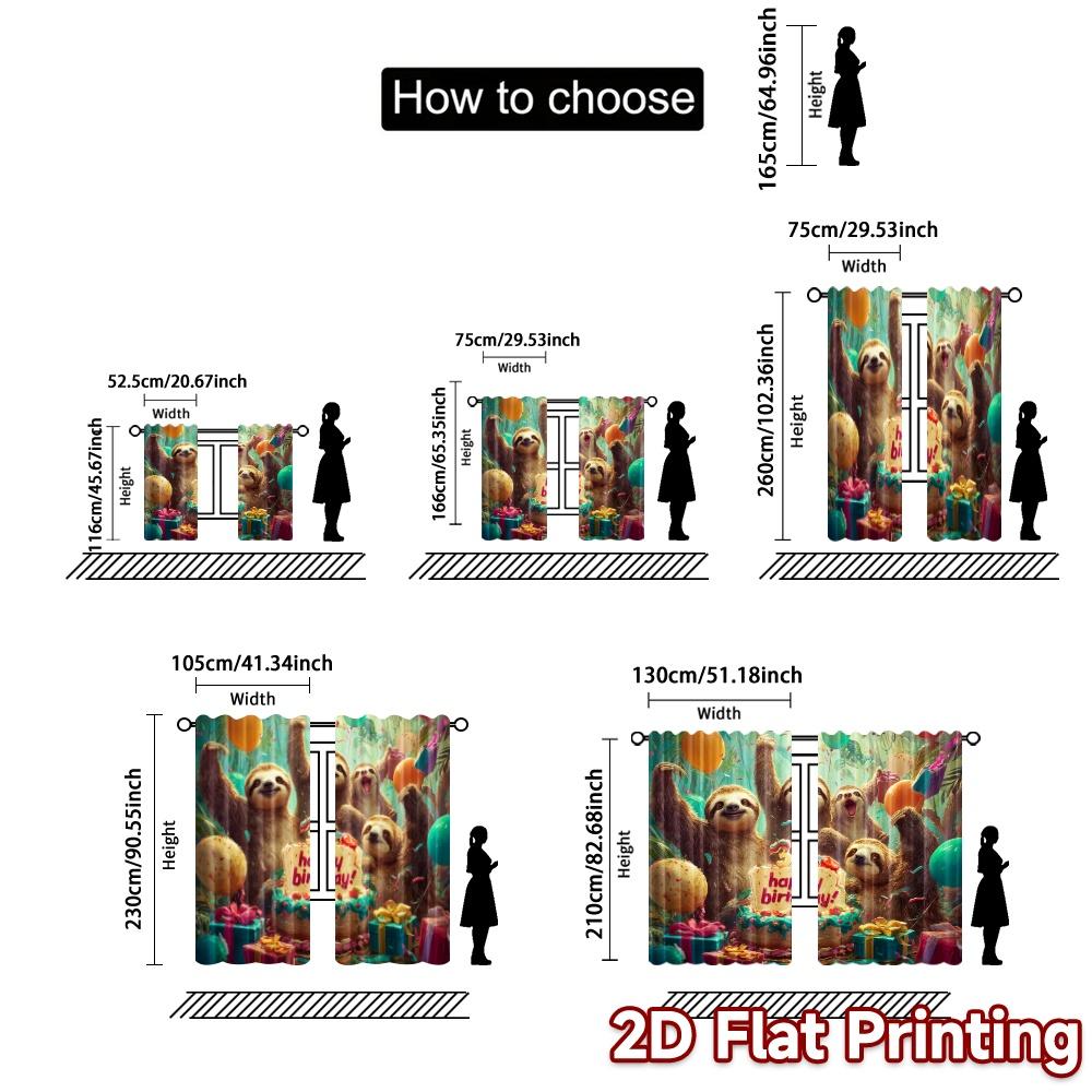 2pcs, 2D FLAT PRINTING Curtains (Without Rod) Sloth Party Time Chic Curtain Cloth Prints Light Filtering Curtains Thermal