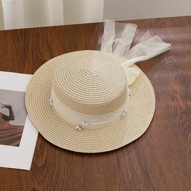 Summer Straw Hat With Pearl Ribbon And Wide Brim For Outdoor Sun Protection