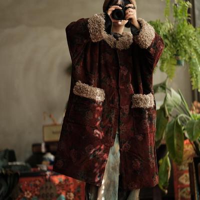 Women Corduroy Vintage Patchwork Print Floral Button Pockets Coats Winter Chinese Style Coats
