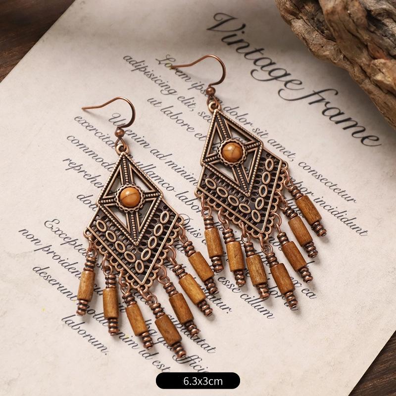 Vintage Ethnic Unique Brown Earrings for Women Bohemian Unusual Geometric Tassel Water Drop Earring Female Jewelry
