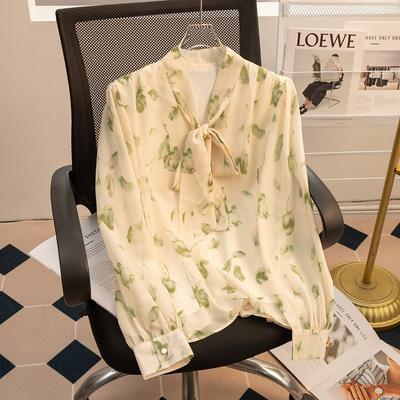 Camisa de chiffon floral para chá feminino, de alta qualidade e versátil, top de chiffon com ajuste na cintura