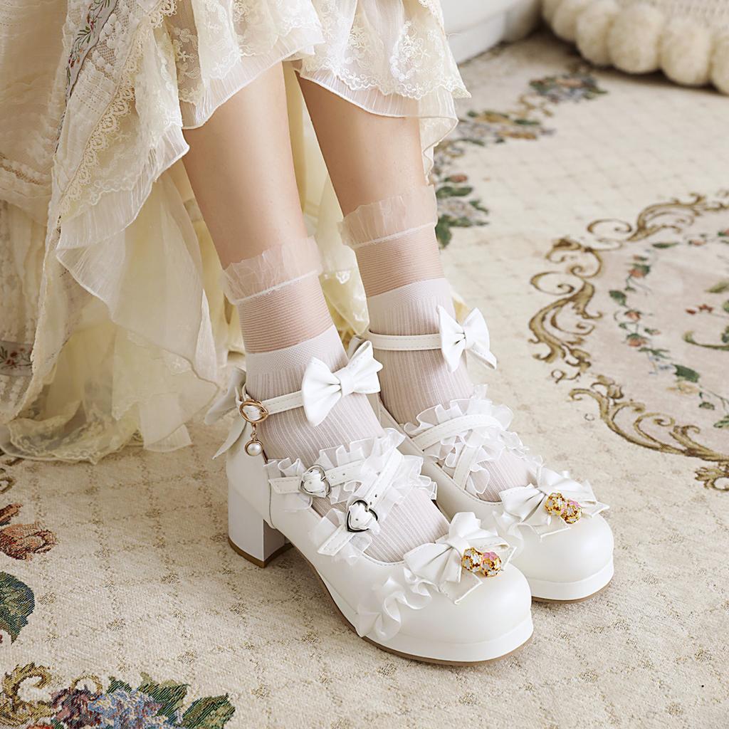 Lolita Shoes Women High Heels Pendant Lace Straps Bow Cute Girls Princess Tea Party Pumps Students Lovely Plus Size 34-48