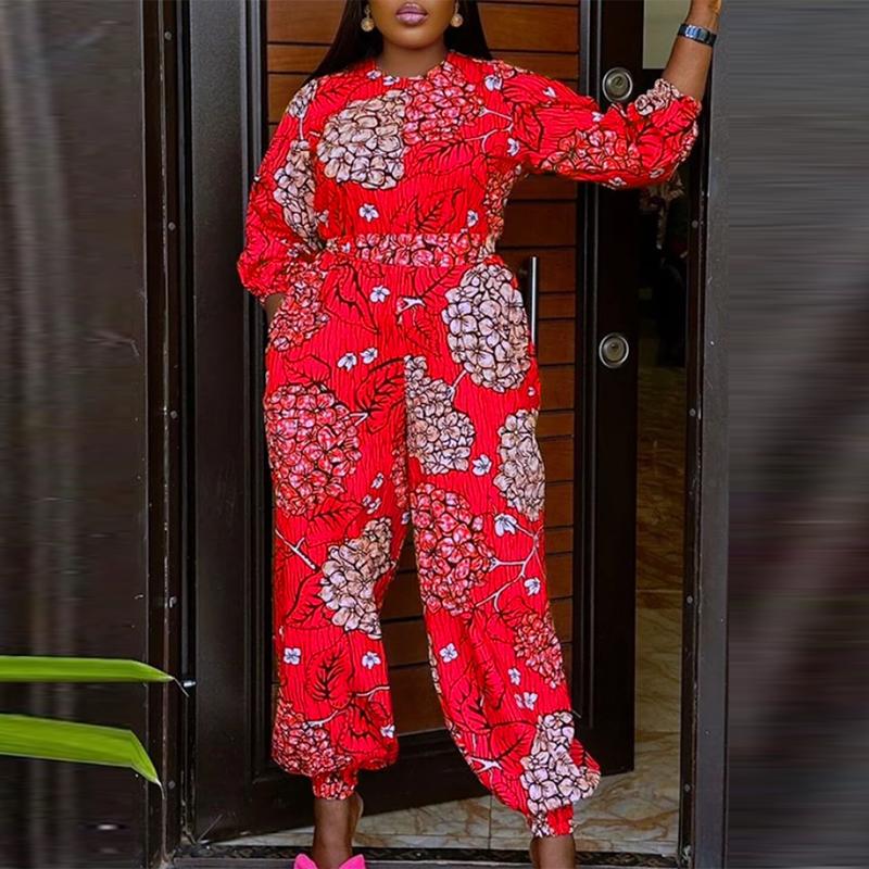 

Женские комплекты с длинными рукавами и брюками большого размера с цветочным принтом и фонариком 2XL красный