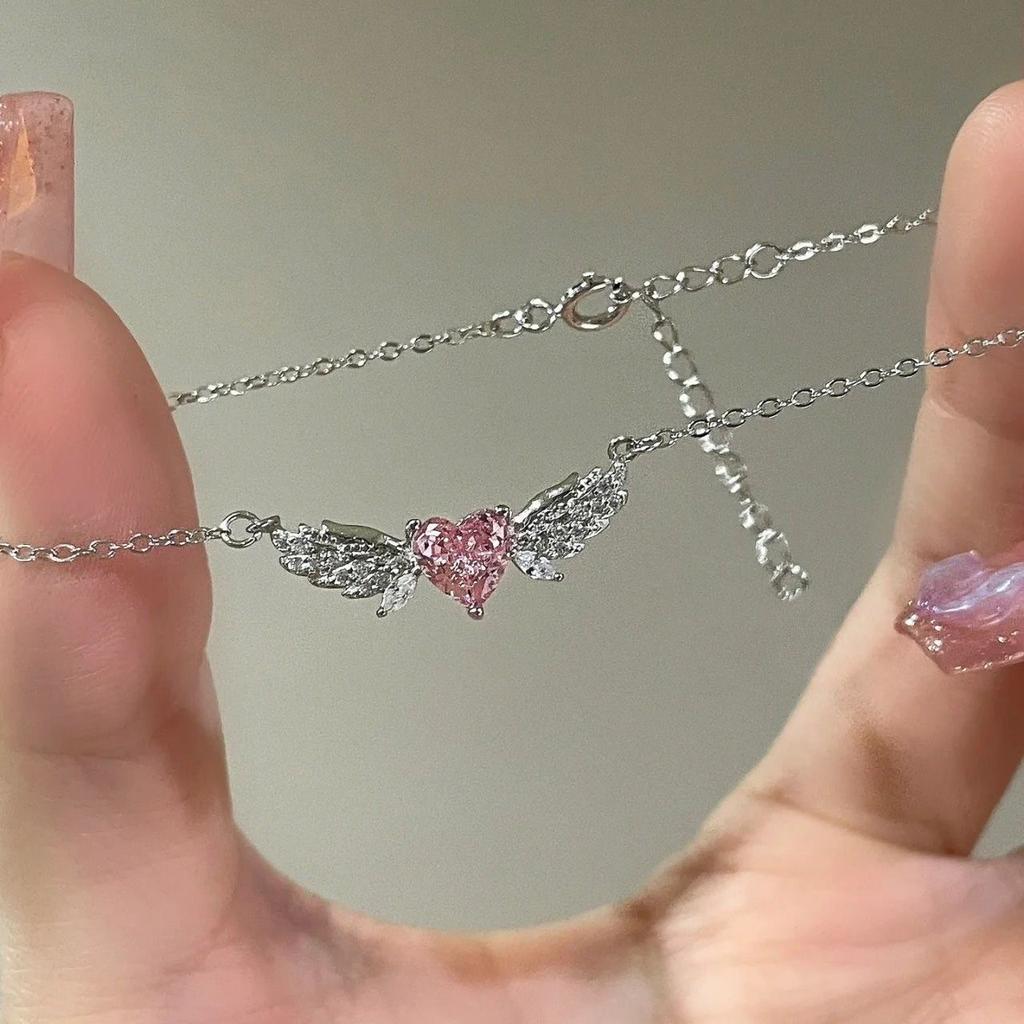 Angel Wings Pink Diamond Love Necklace Women's ins Niche Light Luxury Sweet Gentle Temperament Clavicle Necklace