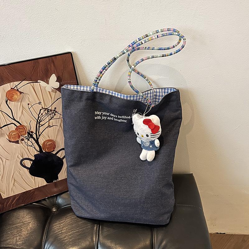 Fresh plaid double-sided cloth bag women's casual versatile shoulder bag large-capacity commuter tote bag