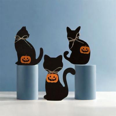 3pcs Atmosphere Decoration Wooden Halloween Black Cat Ornament Cute Decorative Cat Sculpture Vivid Animal Statue Landscape