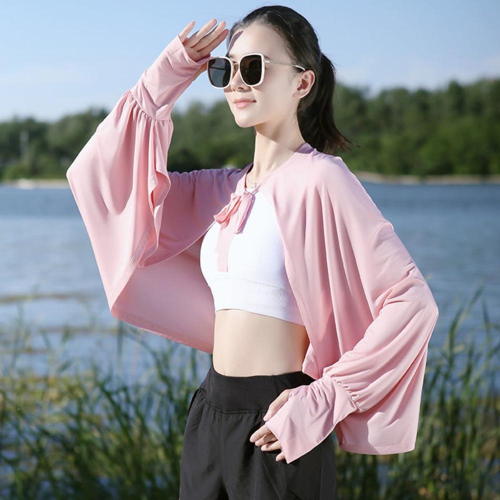 Long Sleeve Sunscreen Shawl Solid Color Thin Crop Top New Long Sleeve Crop Top  Outdoor Activities