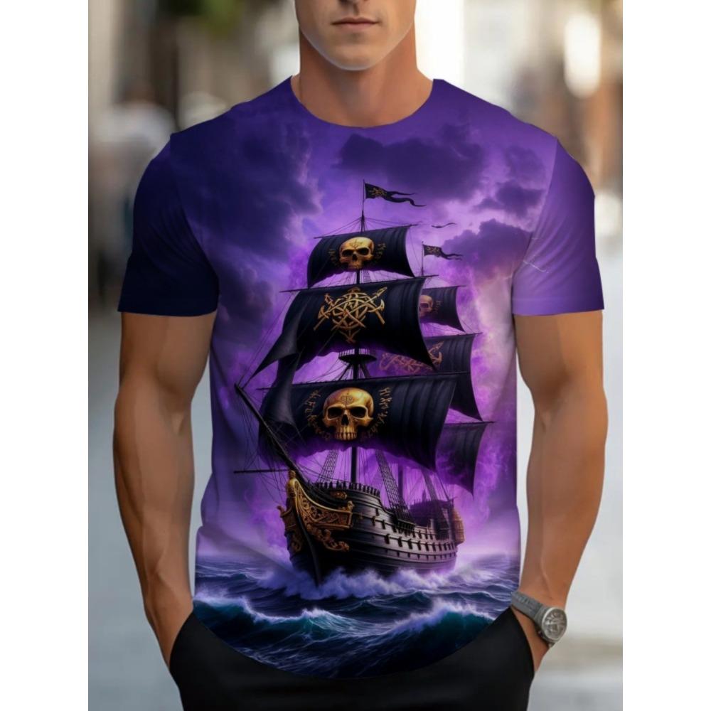 Vintage Sailboat Print Men T-Shirt Short Sleeve O-Neck Breathable Casual Fashion Oversized Tees Streetwear Men's Clothing