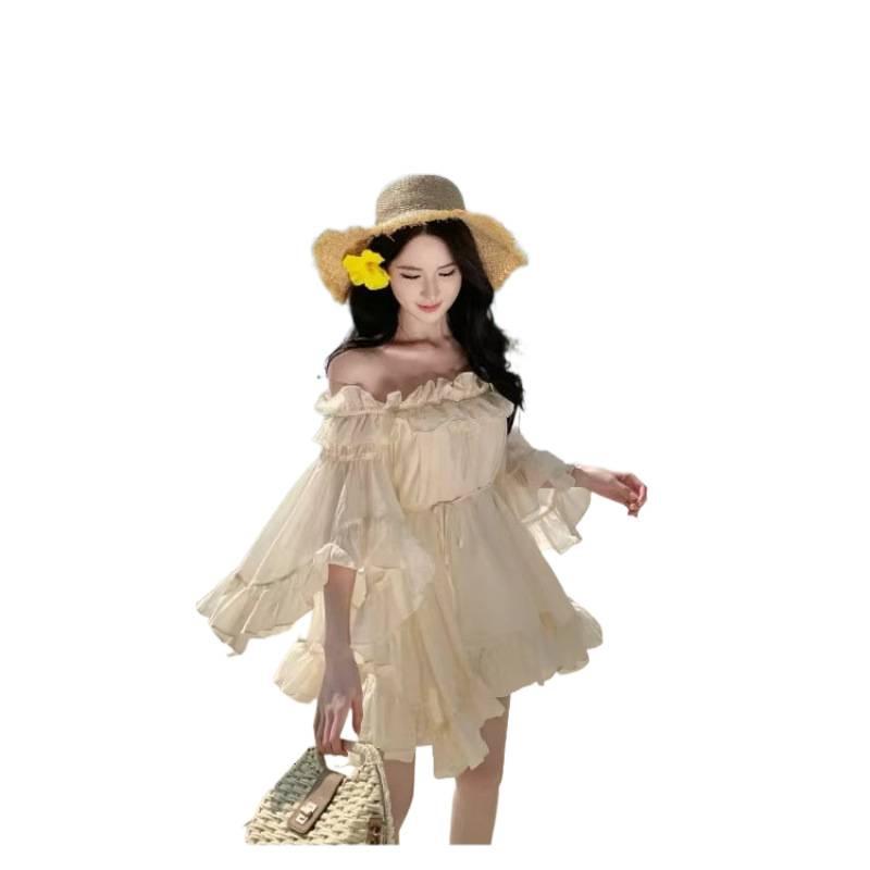 One-word shoulder tube top dress niche design beach skirt ruffle edge temperament short skirt women's summer
