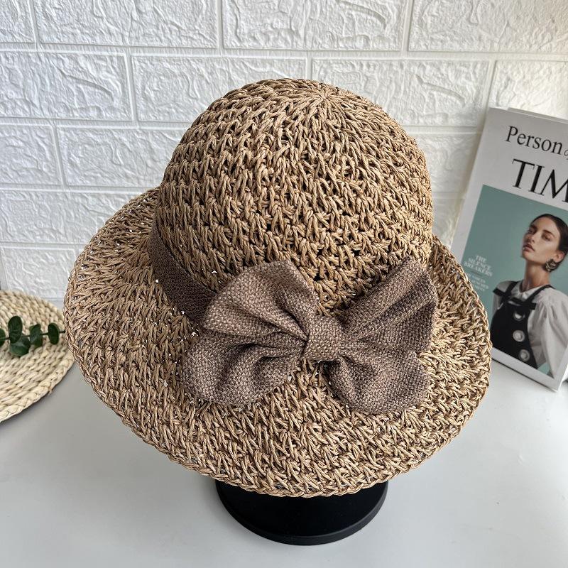 Women Summer Straw Hat Wide Brim Sun Hat With Simple Bowknot Casual Fisherman Cap Fresh Beach Sun Protection