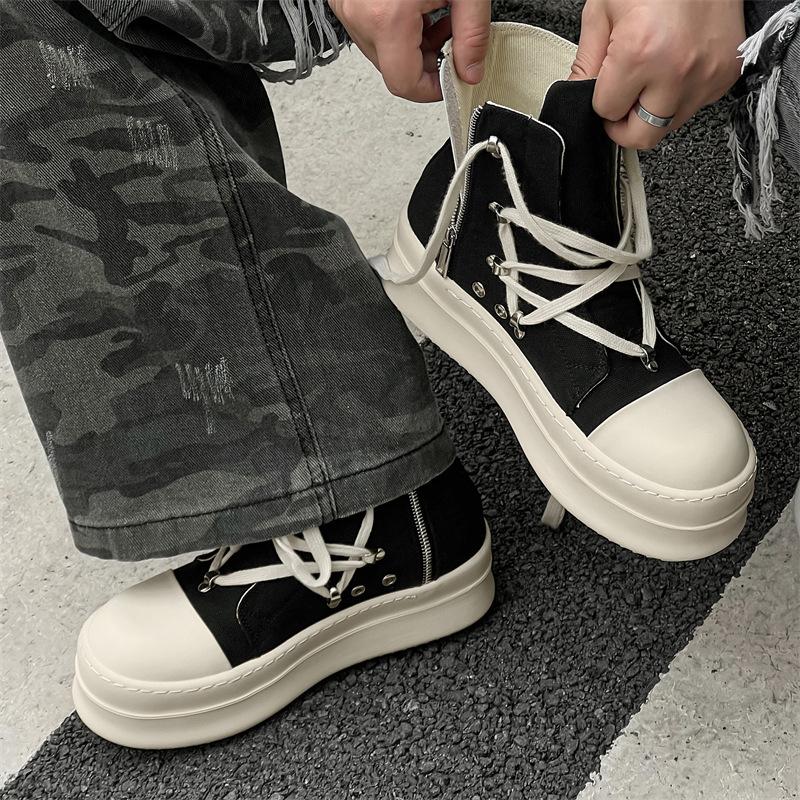 New European and American short boots high-top canvas breathable black and white personalized thick bottom thickening and orgasm