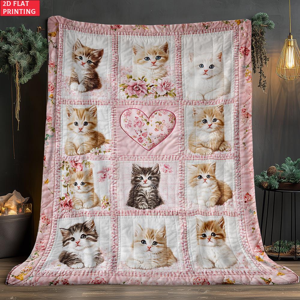 Pink cute kitten print throw blanket - Soft, warm, thick flannel coverlet suitable for all seasons and ideal for home naps and air conditioning use.