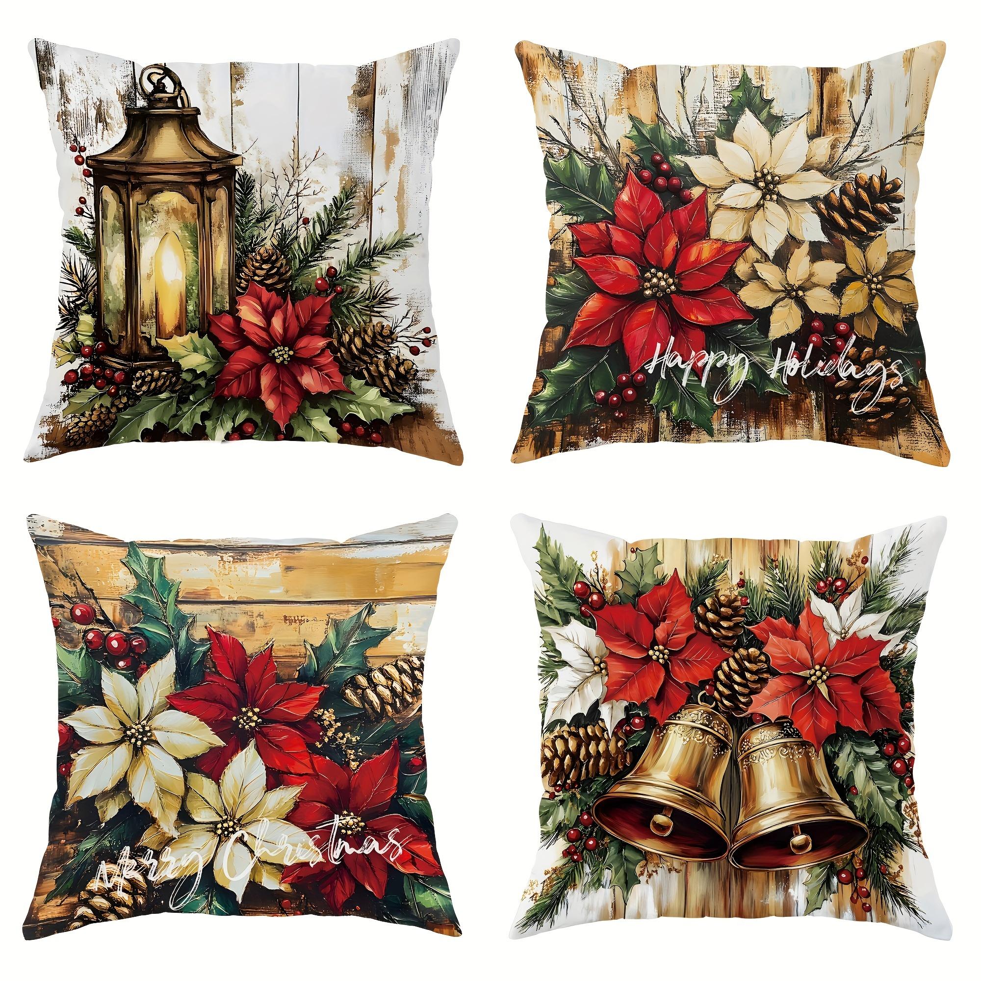 Set of 4 Christmas Pillowcases 18X18 Inches, Christmas Flowers And Holly Bells Design, Farmhouse Style, Modern Decorative 4PCS