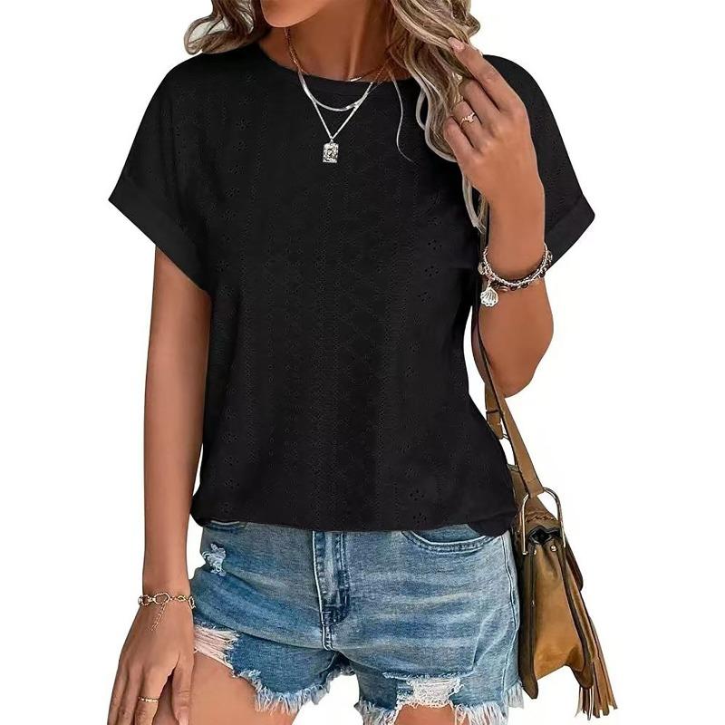 Spring and Summer Round Neck Hollow Out Women Blouse New Loose Short Sleeved T-shirt Solid Color Casual Simple Top Sweet Shirts Ladies Clothing