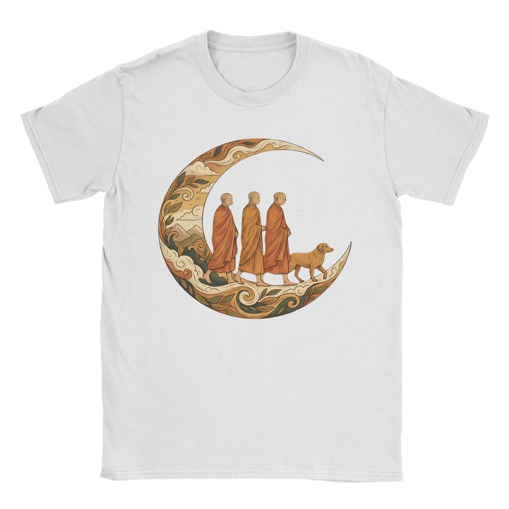 Walking for Peace Mönche und Hund im Halbmond Herren T-Shirts Crazy T-Shirt Kurzarm T-Shirt Baumwolle Übergröße Kleidung