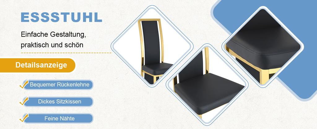 [Set of 2] European Minimalist Dining Chairs with Gold Edge. Black PU Leather + Gold-glossy Metal Frame, 109 Cm High, for Versatile Use.