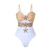 Vintage White Khaki Patchwork Swimwear Women 2026 Starfish Ornament Hollow Pleate One Piece Swimsuit Beach Bathing Suit Monokini