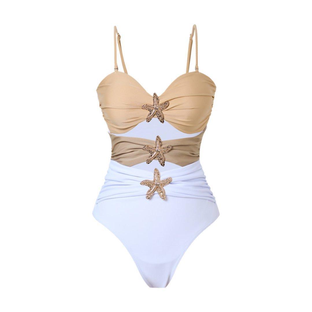 

Винтажный белый хаки пэчворк купальник женский 2026 украшение морская звезда полый плиссированный слитный купальник пляжный купальный костюм монокини XL хаки