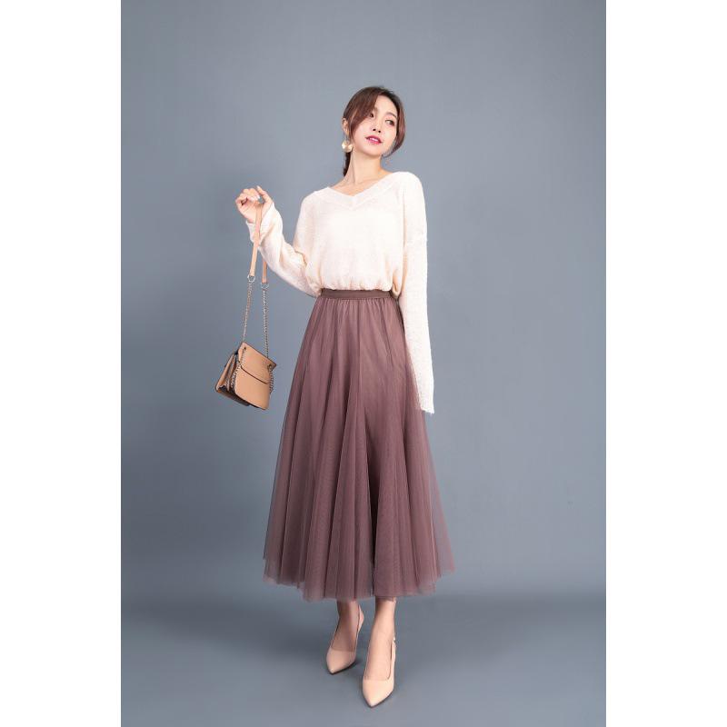 Elegant A-Line Pleated High Waist Mesh Skirt - Autumn Collection for Women