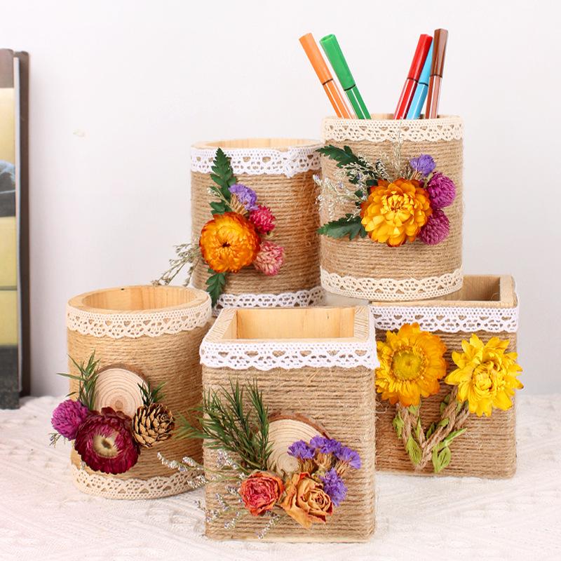 Handmade Jute Rope Pen Holder: DIY Material Kit for Flower Creation & Office Storage