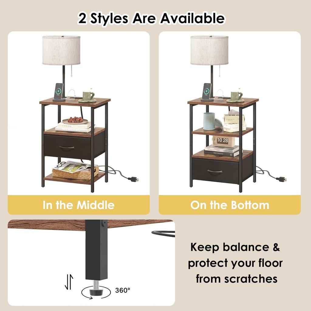 Tall Nightstand with LED Lights, 3 Color Temperatures, Charging Station, Adjustable Fabric Drawer – Bedroom End Table