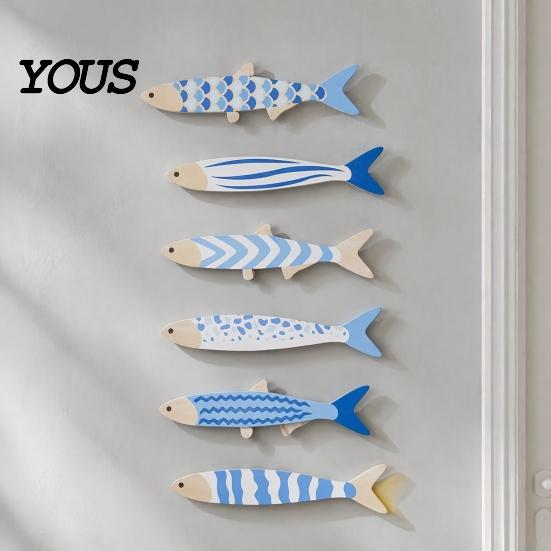 Decorative Fish Scale Wall Hangings 6Pcs/Set Wooden Decor, Beach House Decoration, Blue And White Wood Ornaments Coastal Art for Home Living