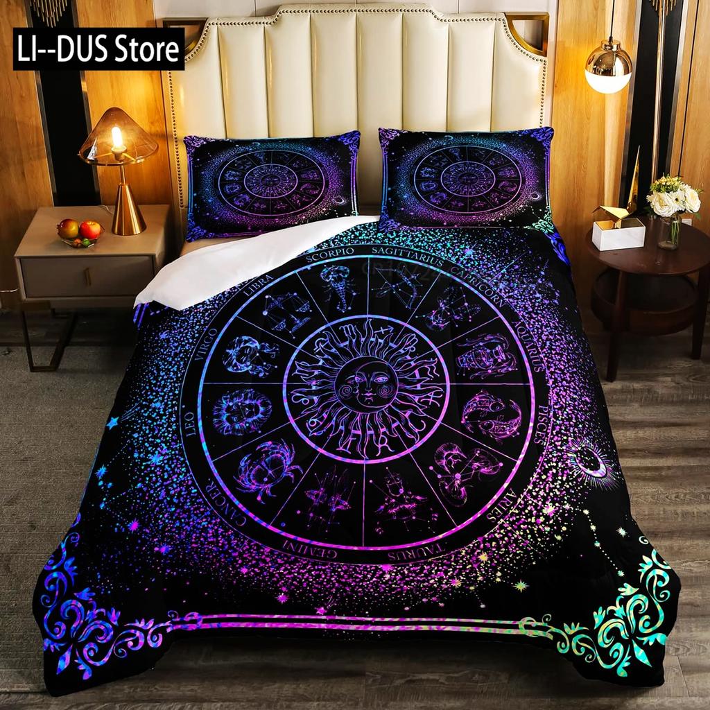 Constellation Duvet Cover Set Sky Star Map Geometric Circle Decorative 3 Piece Bedding Set with 2 Pillow Shams Queen Full Size