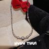 Platinum Grey Pearl Camellia Gemstone Necklace, Banquet Haute Couture Flower Bead Ring Vintage Necklace