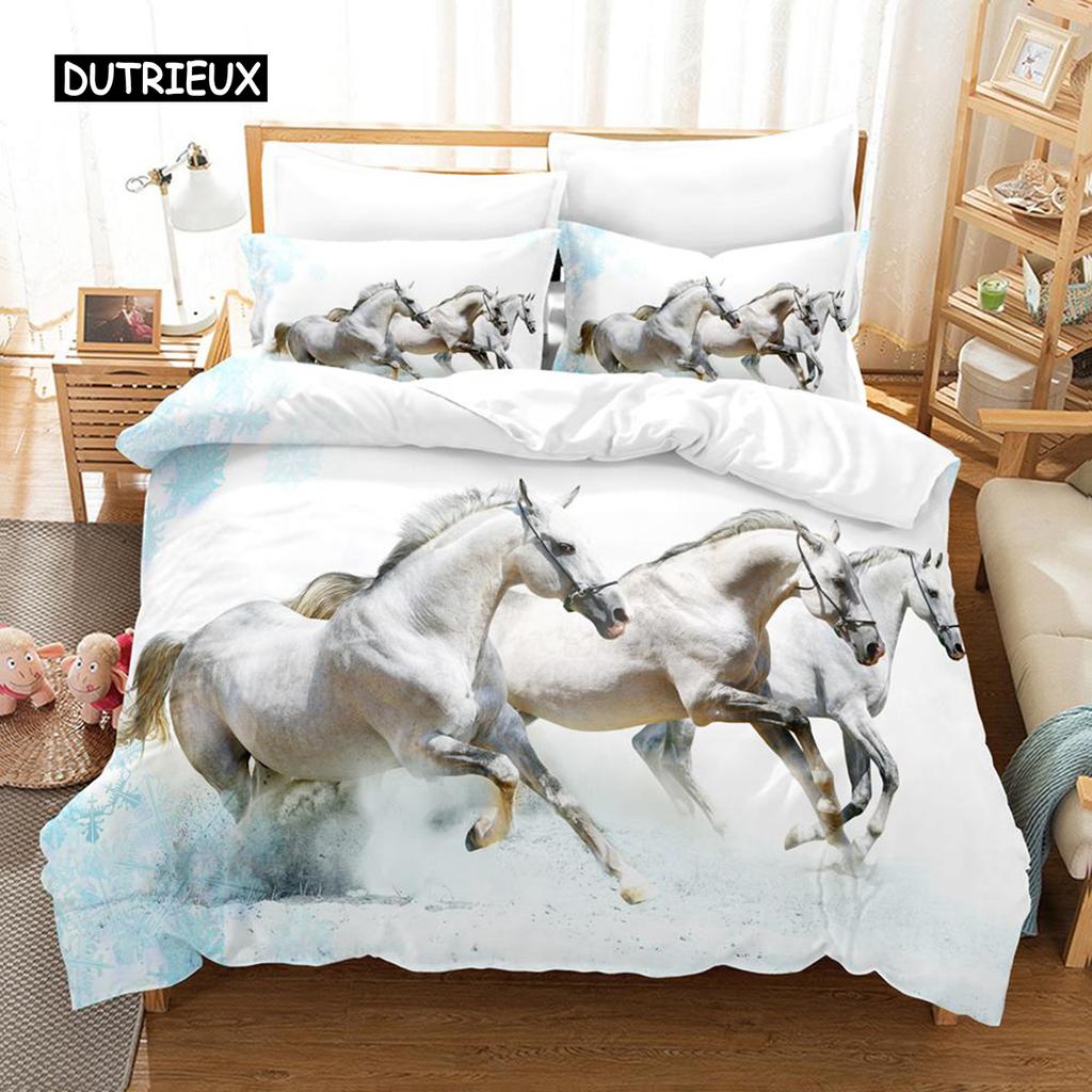 Polyester Comfortable White Horse Pattern Duvet Cover Set With Duvet Cover And Pillowcases King Queen Twin Sizes For All Ages