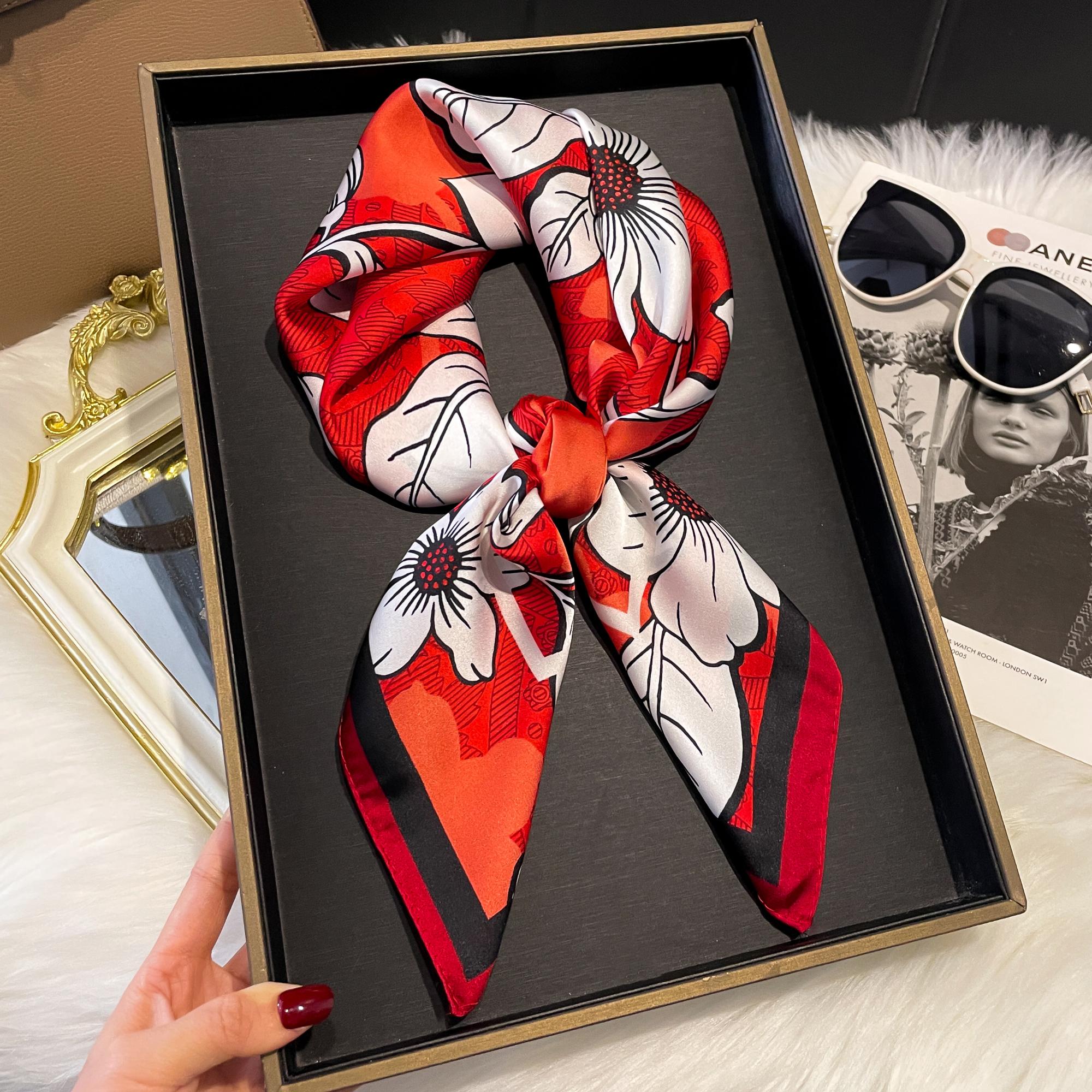 

2025 Роскошный шелковый платок квадратный шарф для женщин атласный хиджаб модные обертывания шейный платок женские резинки для волос лента повязка на голову бандана мандариновый