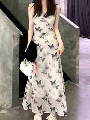 Temperament Robe Femme Maxi Dresses for Women Fashion Sexy Sling Sleeveless Butterfly Backless Elegant Midi Dress Korea Summer