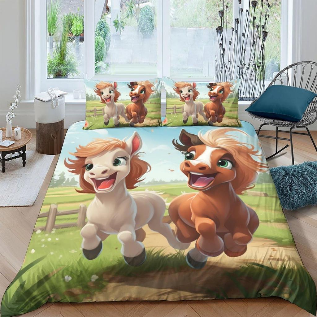 Horse And Green Grass Duvet Cover Set For Kids Boys Girls Teens Lightweight Quilt Covers Spring Themed Bedding Set Bedroom Decor