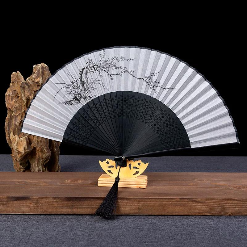 Chinese-Style Folding Fan for Women, Traditional Ink Painting Silk Fan, Daily Portable Hollow-Carved Bamboo Fan