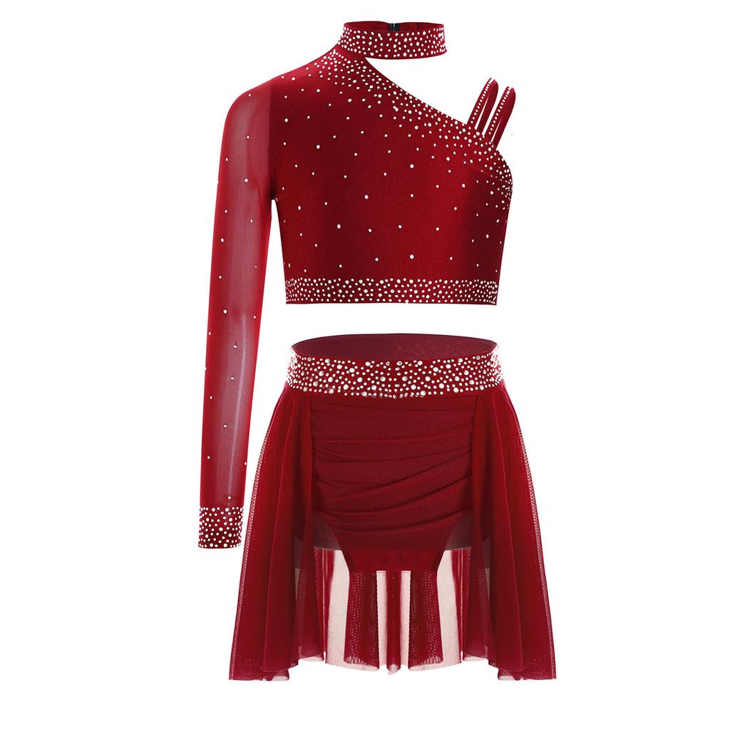 Girls Sparkly Rhinestones Crop Top Ruched Irregular Dance Skirt Figure Skating Gymnastics Set